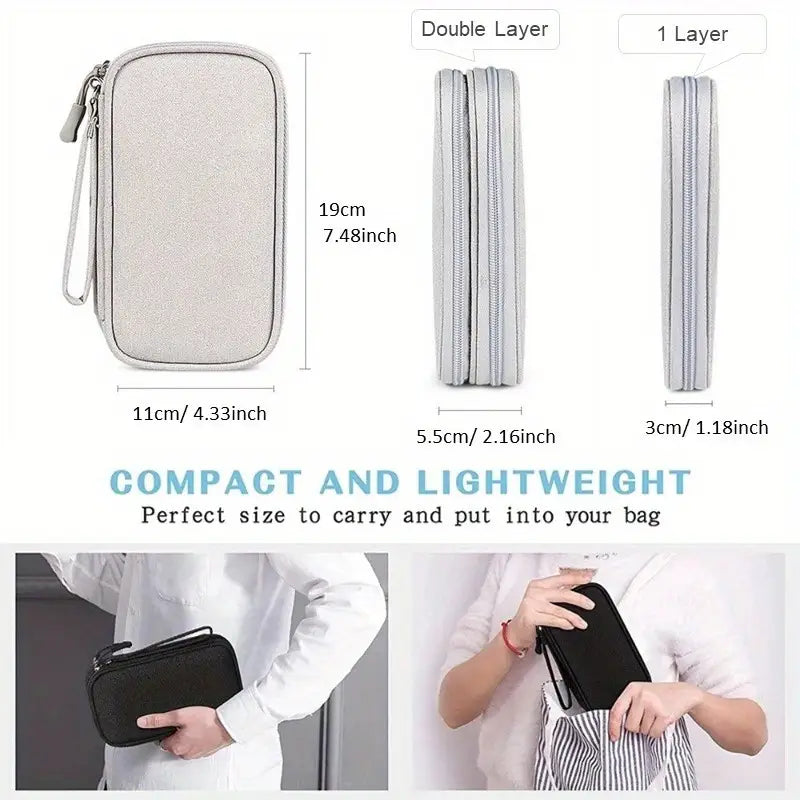 Double-Layer Travel Organizer Bag - Portable Makeup & Tech Storage with Multiple Compartments for Cosmetics, Headphones, USB Cables & Passports, Durable Fabric Design for On-the-Go Convenience, Travel Bag, Cosmetic Storage, Headphone Case, Protective Gear Bag, Zipper Closure, Sturdy Zipper Construction