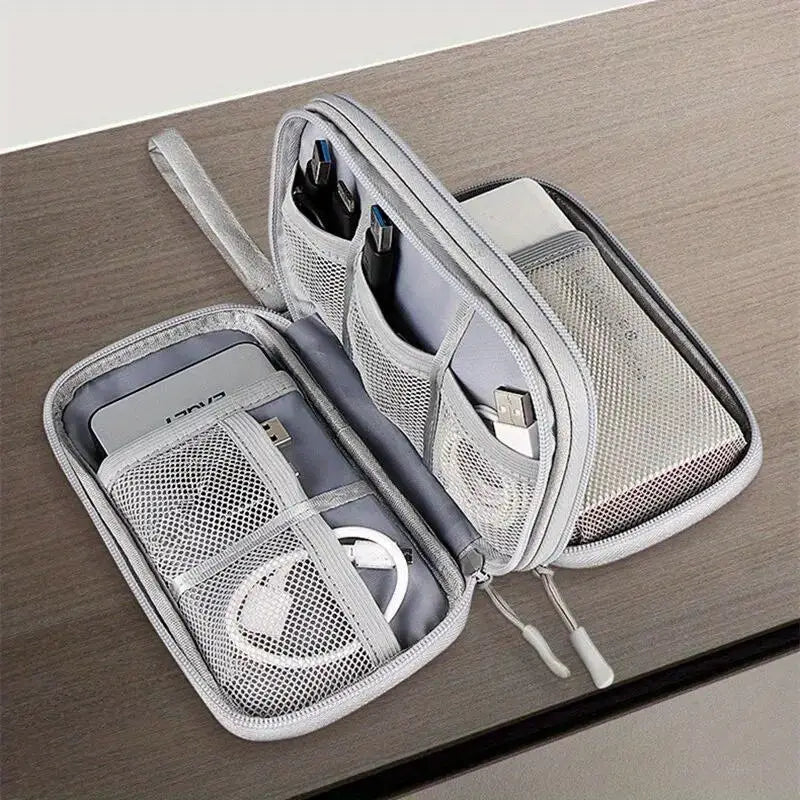 Double-Layer Travel Organizer Bag - Portable Makeup & Tech Storage with Multiple Compartments for Cosmetics, Headphones, USB Cables & Passports, Durable Fabric Design for On-the-Go Convenience, Travel Bag, Cosmetic Storage, Headphone Case, Protective Gear Bag, Zipper Closure, Sturdy Zipper Construction