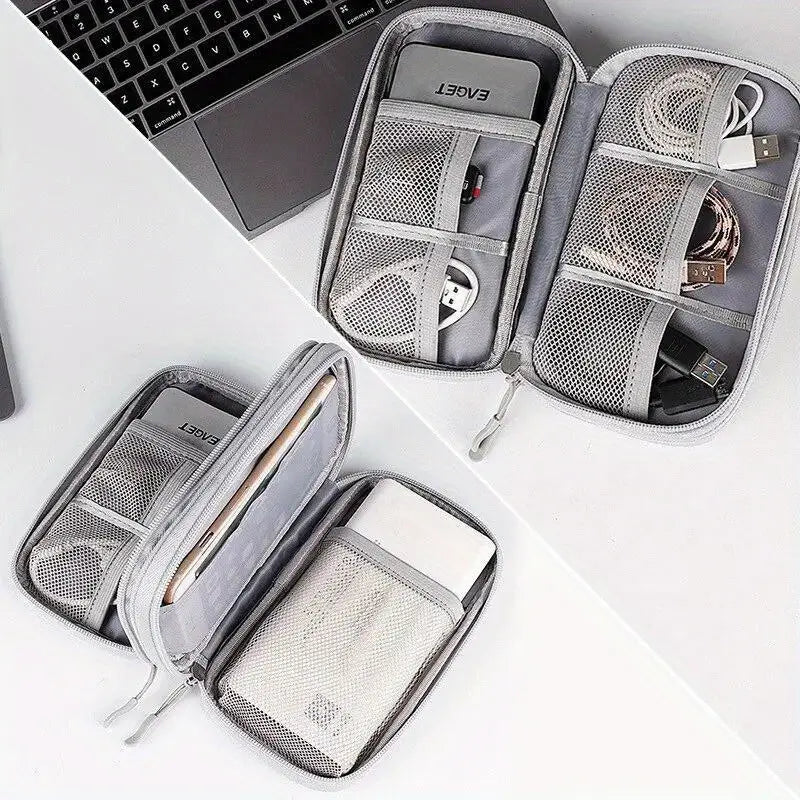 Double-Layer Travel Organizer Bag - Portable Makeup & Tech Storage with Multiple Compartments for Cosmetics, Headphones, USB Cables & Passports, Durable Fabric Design for On-the-Go Convenience, Travel Bag, Cosmetic Storage, Headphone Case, Protective Gear Bag, Zipper Closure, Sturdy Zipper Construction