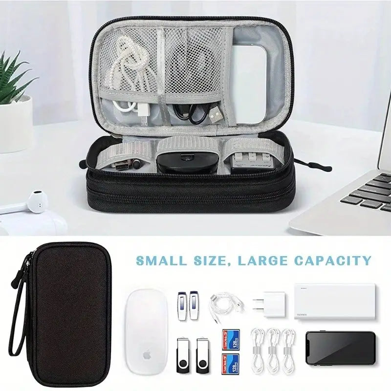 Double-Layer Travel Organizer Bag - Portable Makeup & Tech Storage with Multiple Compartments for Cosmetics, Headphones, USB Cables & Passports, Durable Fabric Design for On-the-Go Convenience, Travel Bag, Cosmetic Storage, Headphone Case, Protective Gear Bag, Zipper Closure, Sturdy Zipper Construction