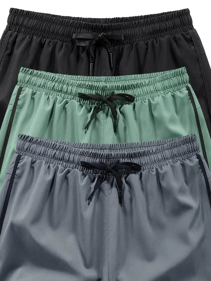 3pcs Men's Breathable Running Shorts with Reflective Print - Lightweight, Stretchy Gym & Outdoor Training Shorts with Pockets (Gray, Black, Dark Green)