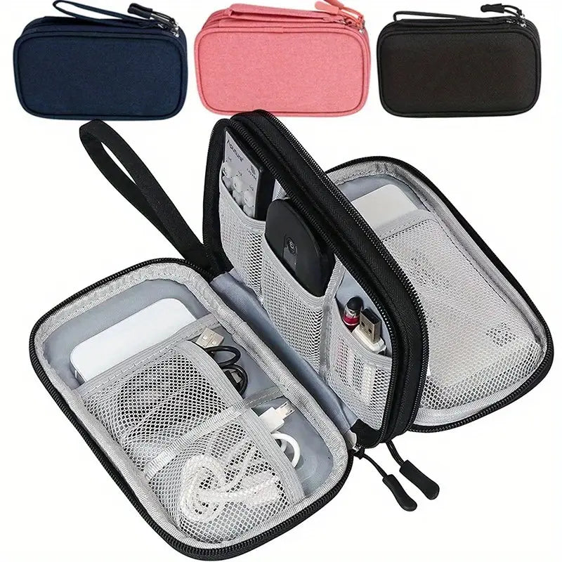 Double-Layer Travel Organizer Bag - Portable Makeup & Tech Storage with Multiple Compartments for Cosmetics, Headphones, USB Cables & Passports, Durable Fabric Design for On-the-Go Convenience, Travel Bag, Cosmetic Storage, Headphone Case, Protective Gear Bag, Zipper Closure, Sturdy Zipper Construction