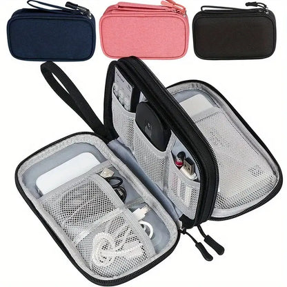 Double-Layer Travel Organizer Bag - Portable Makeup & Tech Storage with Multiple Compartments for Cosmetics, Headphones, USB Cables & Passports, Durable Fabric Design for On-the-Go Convenience, Travel Bag, Cosmetic Storage, Headphone Case, Protective Gear Bag, Zipper Closure, Sturdy Zipper Construction
