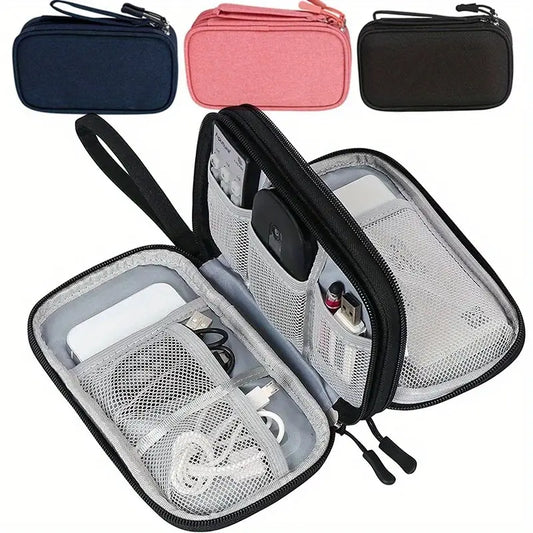 Double-Layer Travel Organizer Bag - Portable Makeup & Tech Storage with Multiple Compartments for Cosmetics, Headphones, USB Cables & Passports, Durable Fabric Design for On-the-Go Convenience, Travel Bag, Cosmetic Storage, Headphone Case, Protective Gear Bag, Zipper Closure, Sturdy Zipper Construction