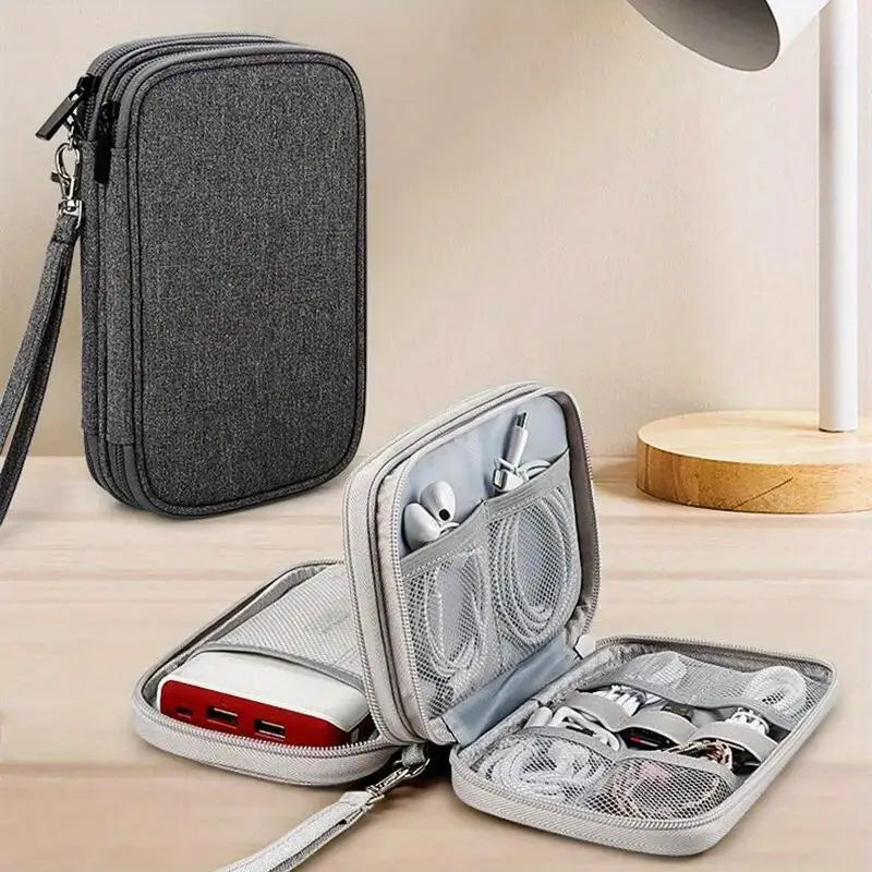 Double-Layer Travel Organizer Bag - Portable Makeup & Tech Storage with Multiple Compartments for Cosmetics, Headphones, USB Cables & Passports, Durable Fabric Design for On-the-Go Convenience, Travel Bag, Cosmetic Storage, Headphone Case, Protective Gear Bag, Zipper Closure, Sturdy Zipper Construction