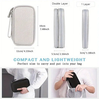 Double-Layer Travel Organizer Bag - Portable Makeup & Tech Storage with Multiple Compartments for Cosmetics, Headphones, USB Cables & Passports, Durable Fabric Design for On-the-Go Convenience, Travel Bag, Cosmetic Storage, Headphone Case, Protective Gear Bag, Zipper Closure, Sturdy Zipper Construction