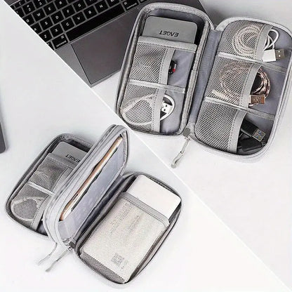 Double-Layer Travel Organizer Bag - Portable Makeup & Tech Storage with Multiple Compartments for Cosmetics, Headphones, USB Cables & Passports, Durable Fabric Design for On-the-Go Convenience, Travel Bag, Cosmetic Storage, Headphone Case, Protective Gear Bag, Zipper Closure, Sturdy Zipper Construction