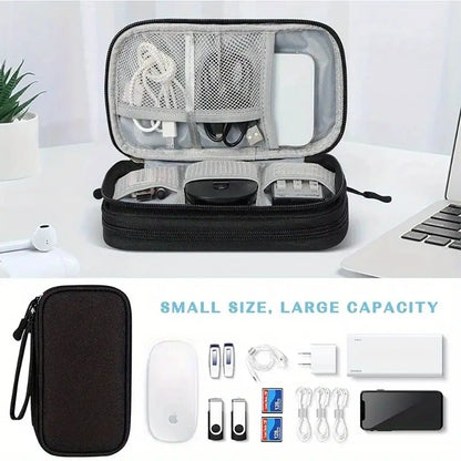 Double-Layer Travel Organizer Bag - Portable Makeup & Tech Storage with Multiple Compartments for Cosmetics, Headphones, USB Cables & Passports, Durable Fabric Design for On-the-Go Convenience, Travel Bag, Cosmetic Storage, Headphone Case, Protective Gear Bag, Zipper Closure, Sturdy Zipper Construction