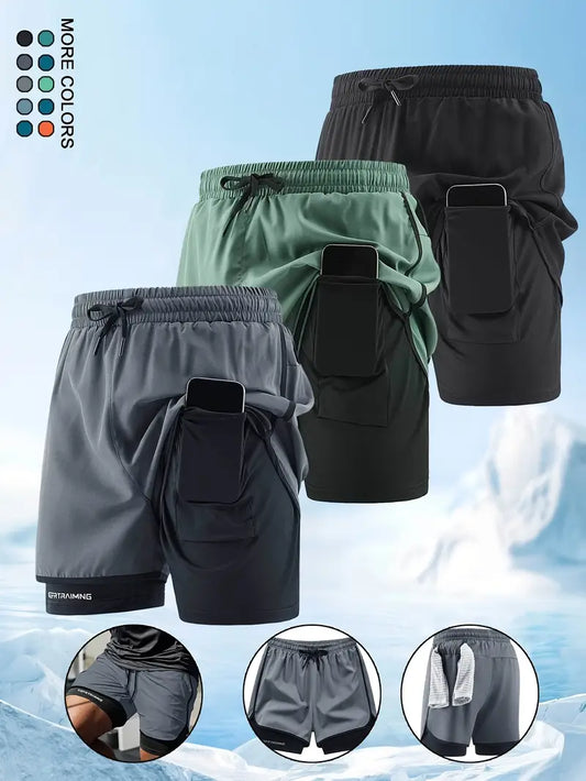 3pcs Men's Breathable Running Shorts with Reflective Print - Lightweight, Stretchy Gym & Outdoor Training Shorts with Pockets (Gray, Black, Dark Green)
