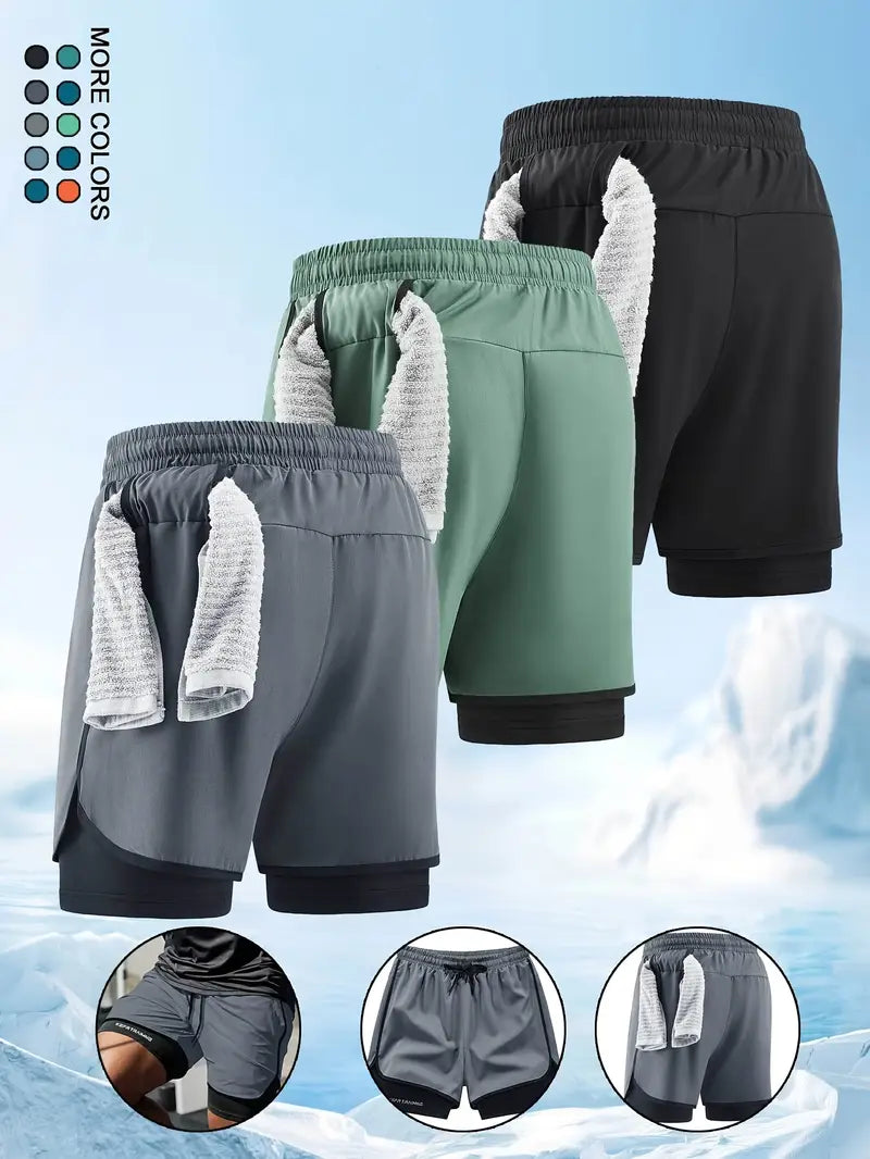 3pcs Men's Breathable Running Shorts with Reflective Print - Lightweight, Stretchy Gym & Outdoor Training Shorts with Pockets (Gray, Black, Dark Green)