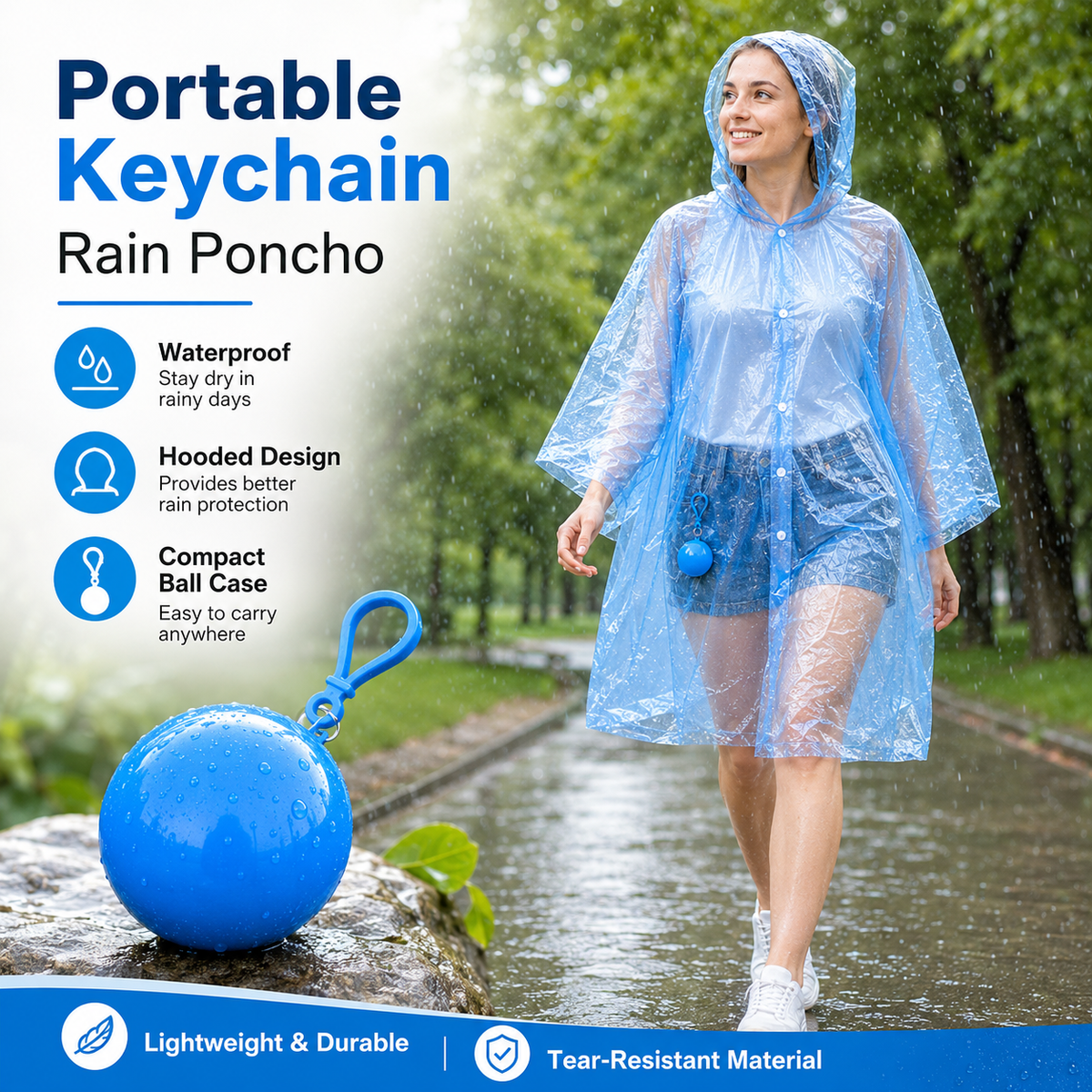 Hooded Disposable Rain Poncho with Keychain Ball
