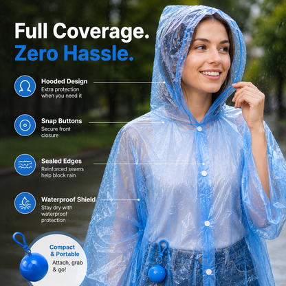 Hooded Disposable Rain Poncho with Keychain Ball