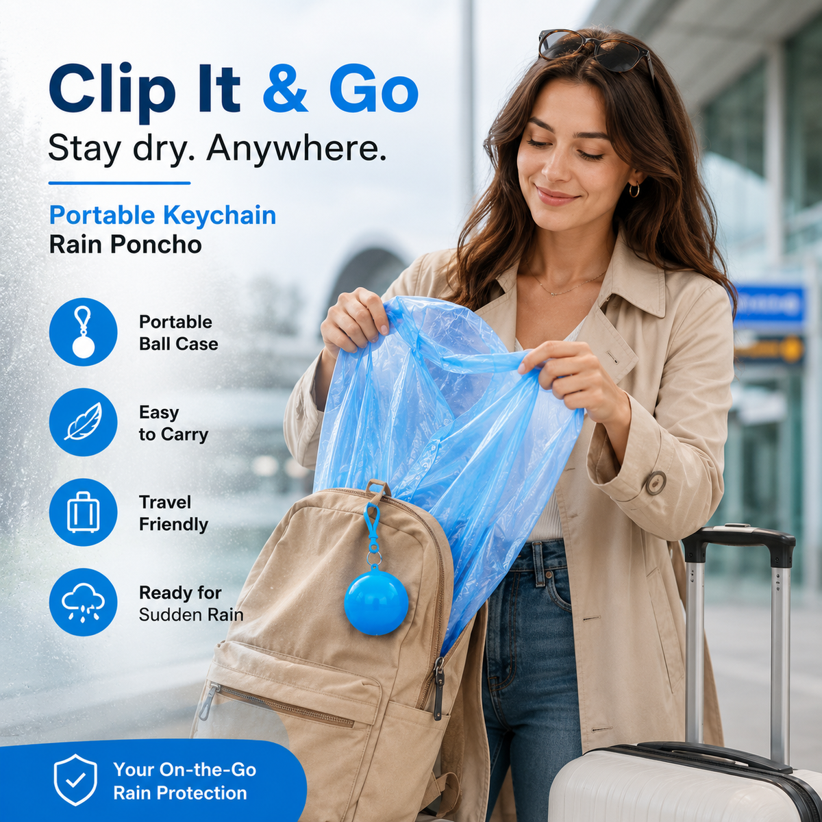 Hooded Disposable Rain Poncho with Keychain Ball