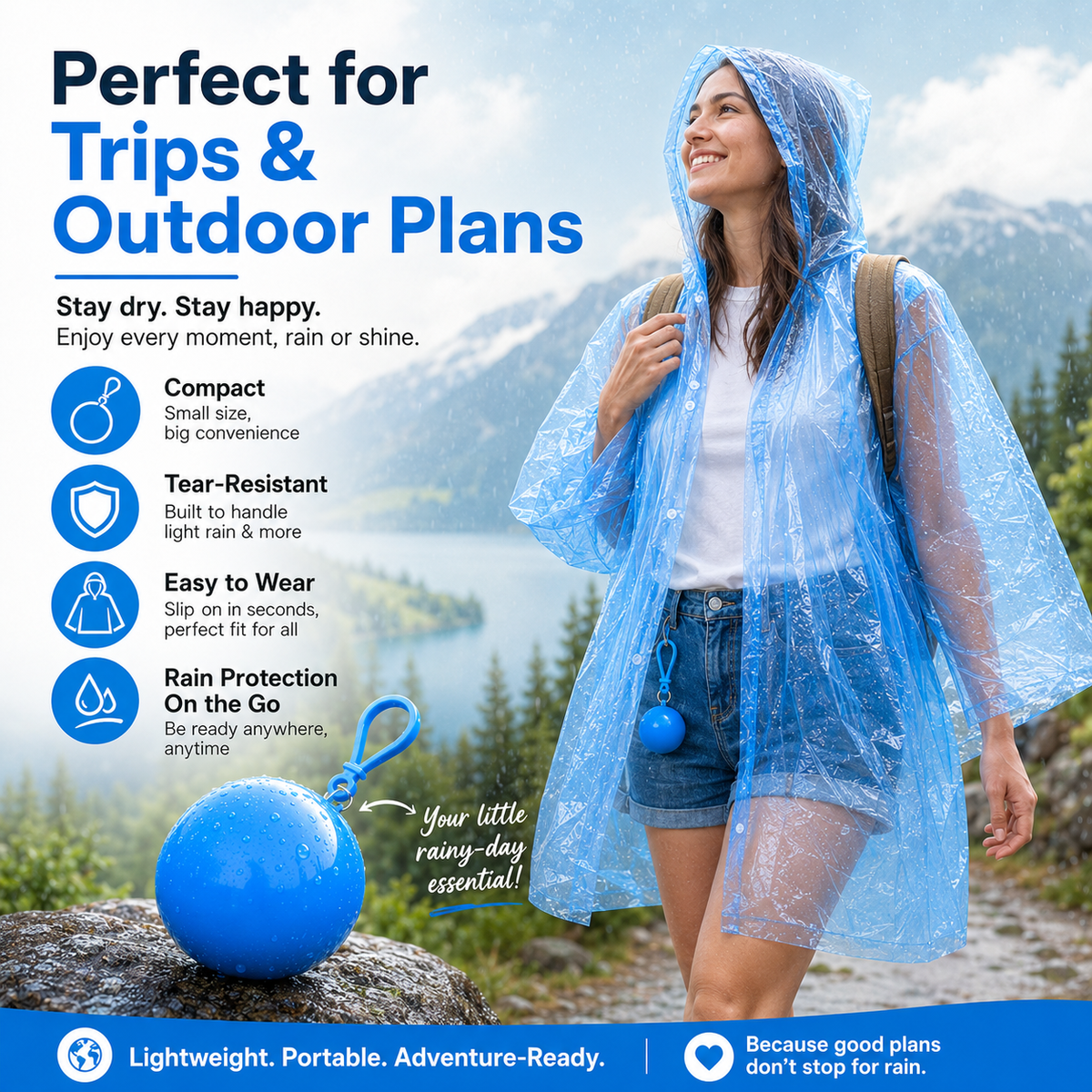 Hooded Disposable Rain Poncho with Keychain Ball