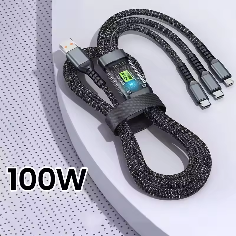 100W Transparent 3-in-1 LED Fast Charging Braided Data Cable