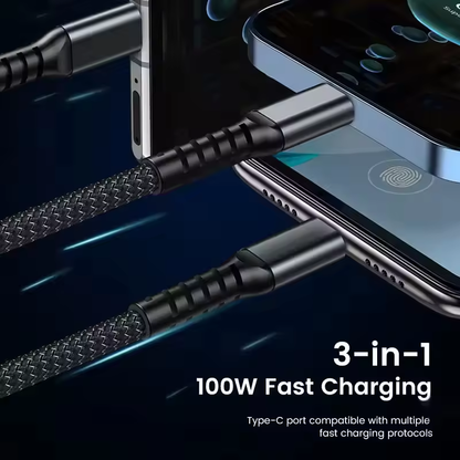 100W Transparent 3-in-1 LED Fast Charging Braided Data Cable