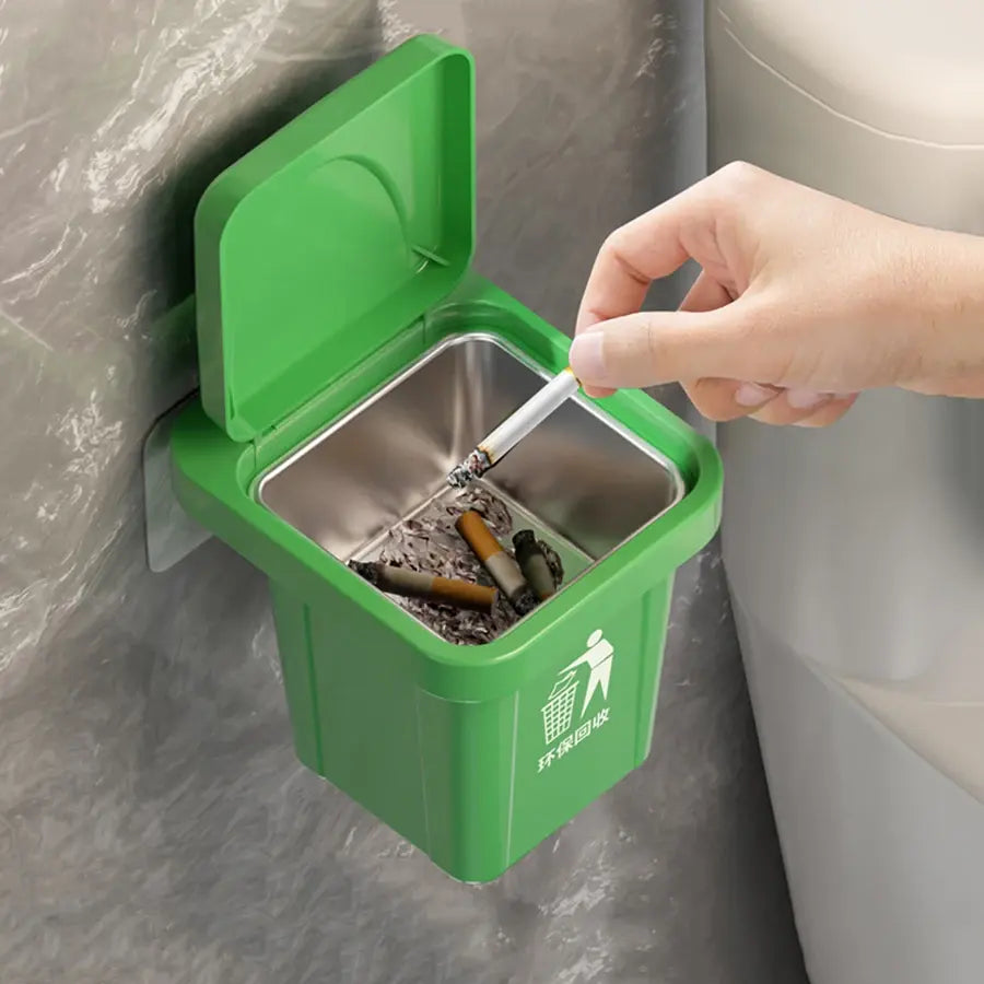 Premium Wall-Mounted Stainless Steel Trash Can Ashtray with Windproof Lid