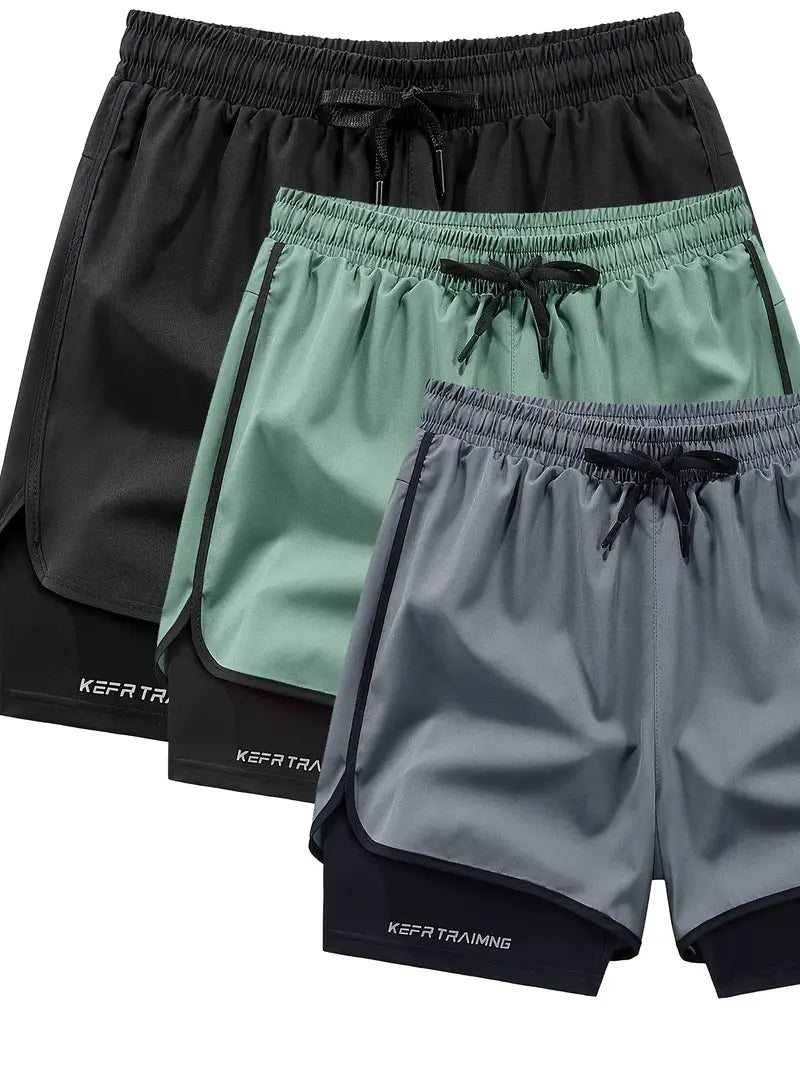 3pcs Men's Breathable Running Shorts with Reflective Print - Lightweight, Stretchy Gym & Outdoor Training Shorts with Pockets (Gray, Black, Dark Green)